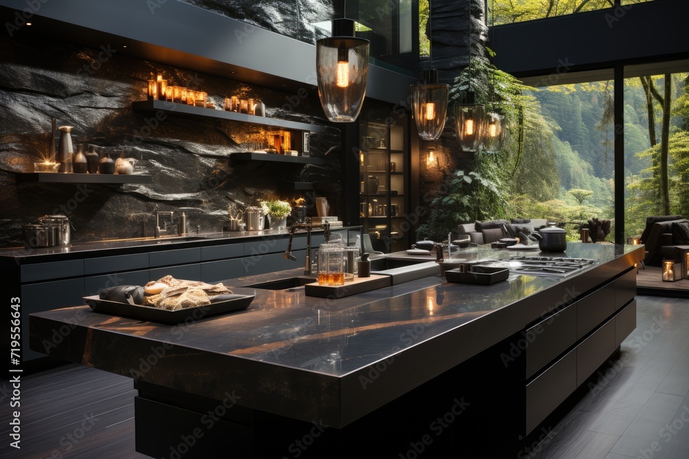 Elegant gourmet cuisine with central island and cooktop., generative IA Elegant gourmet cuisine with central island and cooktop., generative IA