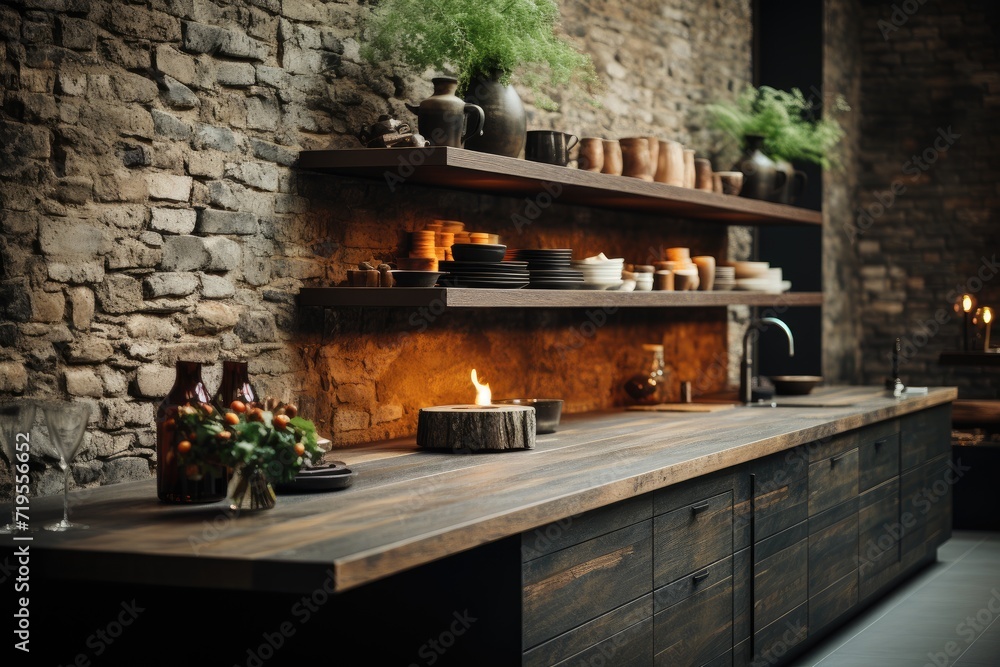 Industrial Kitchen Bricks, metal shelves and pending lighting., generative IA