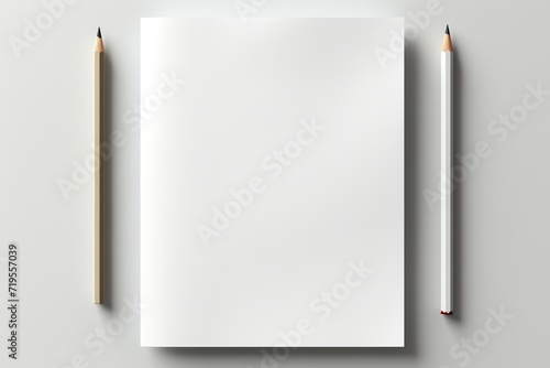 one Pen and paper sheet. Blank white paper sheet and ballpoint pen top view mockup. Write message, letter or note realistic vector template © TIYASHA