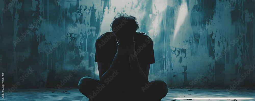 A depressed man suffering from emotional pain, sitting alone with a sad and worried expression, hands raised to his head, set against a misty dark background. - obrazy, fototapety, plakaty 