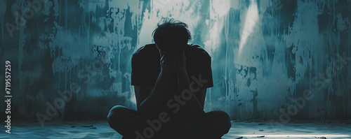 A depressed man suffering from emotional pain, sitting alone with a sad and worried expression, hands raised to his head, set against a misty dark background. photo