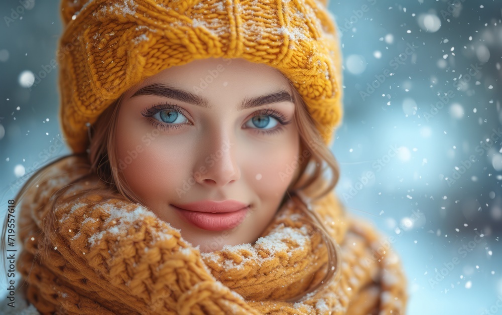 happy festive beautiful woman in new year style wear on the snowing street happy festive beautiful woman in new year style wear on the snowing street