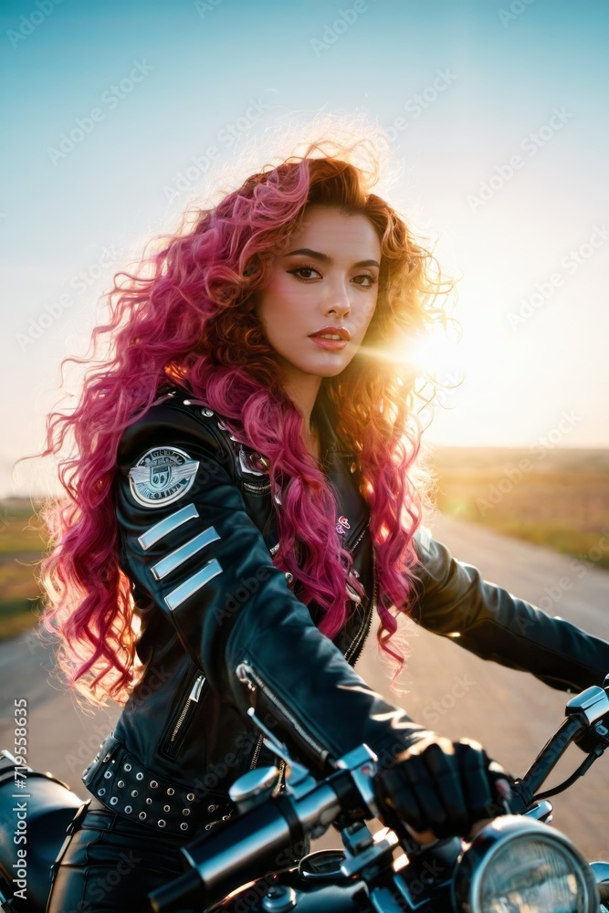 Obraz premium A woman with pink hair sits on a motorcycle.