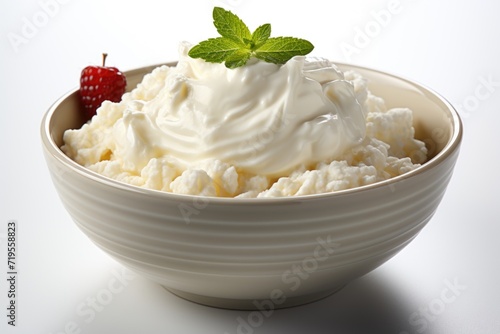 Rice pudding with leche rice pudding in white bowl isolated in the white background, generative IA