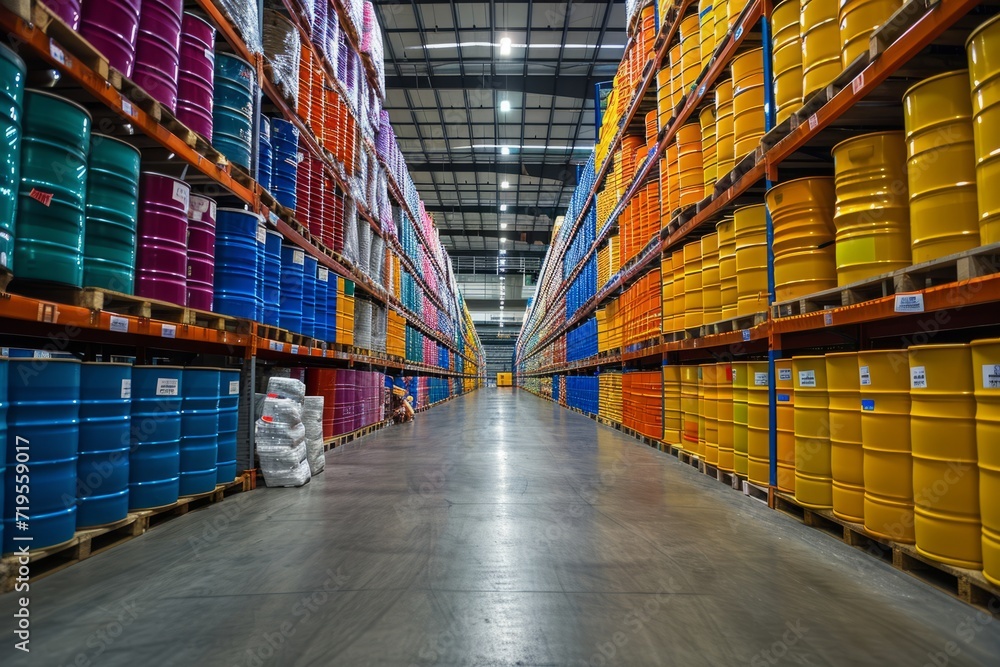 Logistic warehouse with barrels for chemical storage. Plastic and metal tanks on racks. Storage area in industrial building. Hangar with multi-tier pallet racks. Logistic warehouse with barrels for chemical storage. Plastic and metal tanks on racks. Storage area in industrial building. Hangar with multi-tier pallet racks.