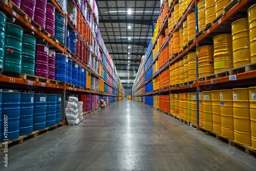 Logistic warehouse with barrels for chemical storage. Plastic and metal tanks on racks. Storage area in industrial building. Hangar with multi-tier pallet racks. © Georgii