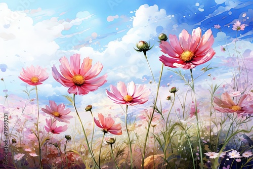 Watercolor cosmos meadow flowers field with sky background, summer spring flower art illustration © pixeness