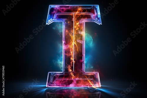 Letter I - colorful glowing outline alphabet symbol on blue lens flare dark background