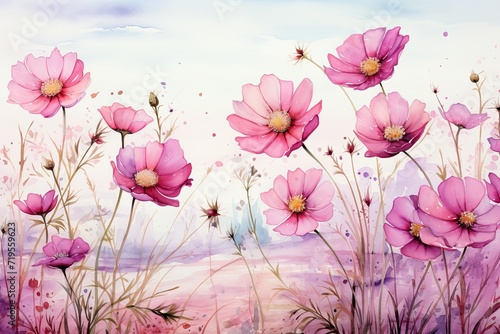 Watercolor cosmos meadow flowers field with sky background  summer spring flower art illustration