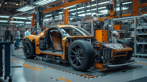 Engineers are busy assembling an electric sports car for racing on the track and in tournaments. The process of assembling a car in the design department of racing cars