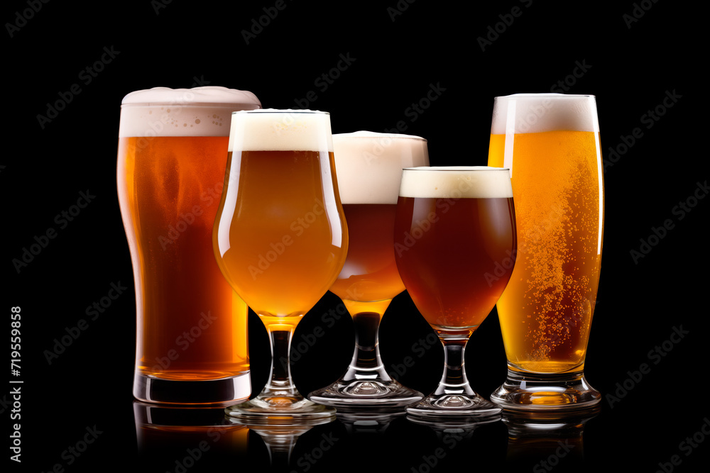 Set of Beer glasses on a black background. Mugs with drink like Ipa, Pale Ale, Pilsner, Porter or Stout Set of Beer glasses on a black background. Mugs with drink like Ipa, Pale Ale, Pilsner, Porter or Stout