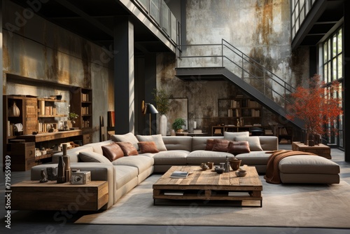 Industrial Loft Concrete flooring, robust furniture, metallic details. Elegant fusion of rusticity and modernity., generative IA
