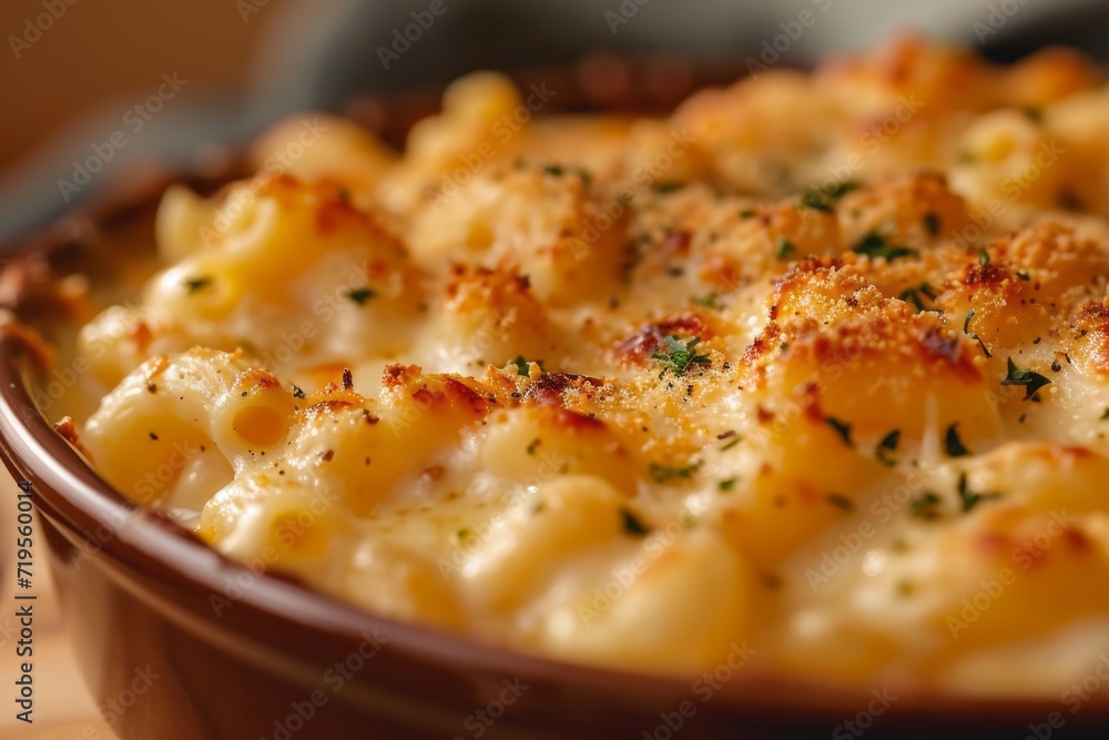 Close-up of Mac'n'Cheese in a ceramic baking dish on wooden kitchen table. Macaroni and cheese, American style baked macaroni pasta with cheesy sauce. Close-up of Mac'n'Cheese in a ceramic baking dish on wooden kitchen table. Macaroni and cheese, American style baked macaroni pasta with cheesy sauce.