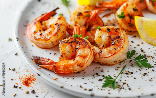 fotografia profissional de comida: camarão grelhado com frutos do mar com limão e especiarias, pastel suave, muito espaço para texto