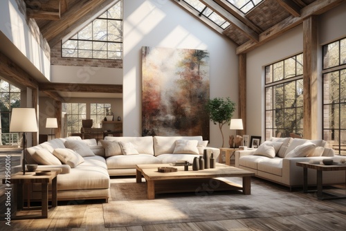 Modern minimalist loft with neutral tones and elegant furniture, illuminated by large windows., generative IA