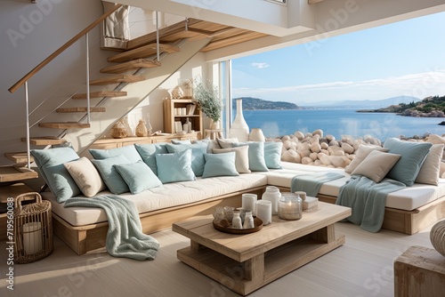 Praian Loft light shades, relaxed decoration and sea elements in serene harmony., generative IA © JONATAS