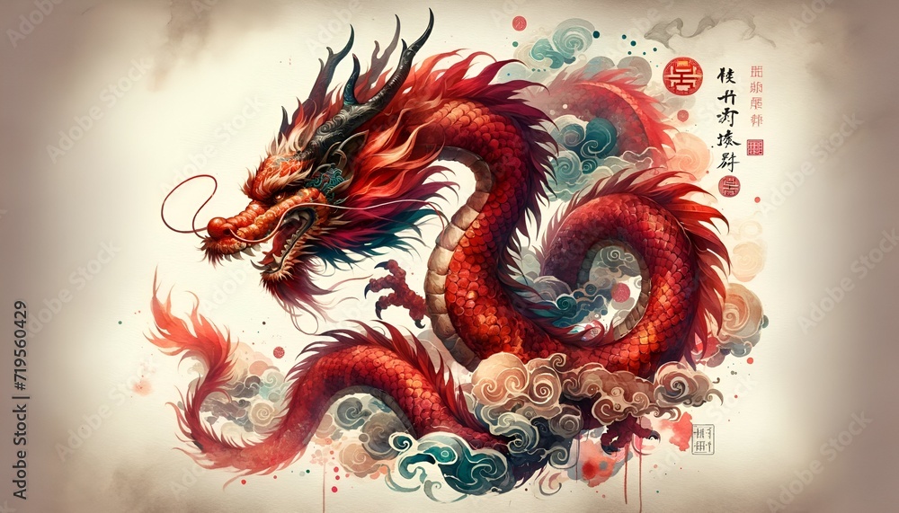 Fototapeta premium Watercolor painting of a red chinese dragon to celebrate the lunar new year.