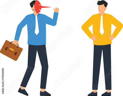 Dishonesty and lies and fake person in business, Businessman wearing a fake mask deceives abd dishonest with work concept,
