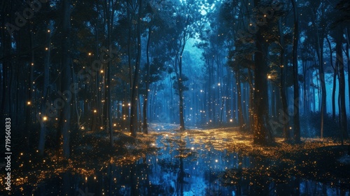 illustration rendering of forest image illuminated at night by bioluminescence