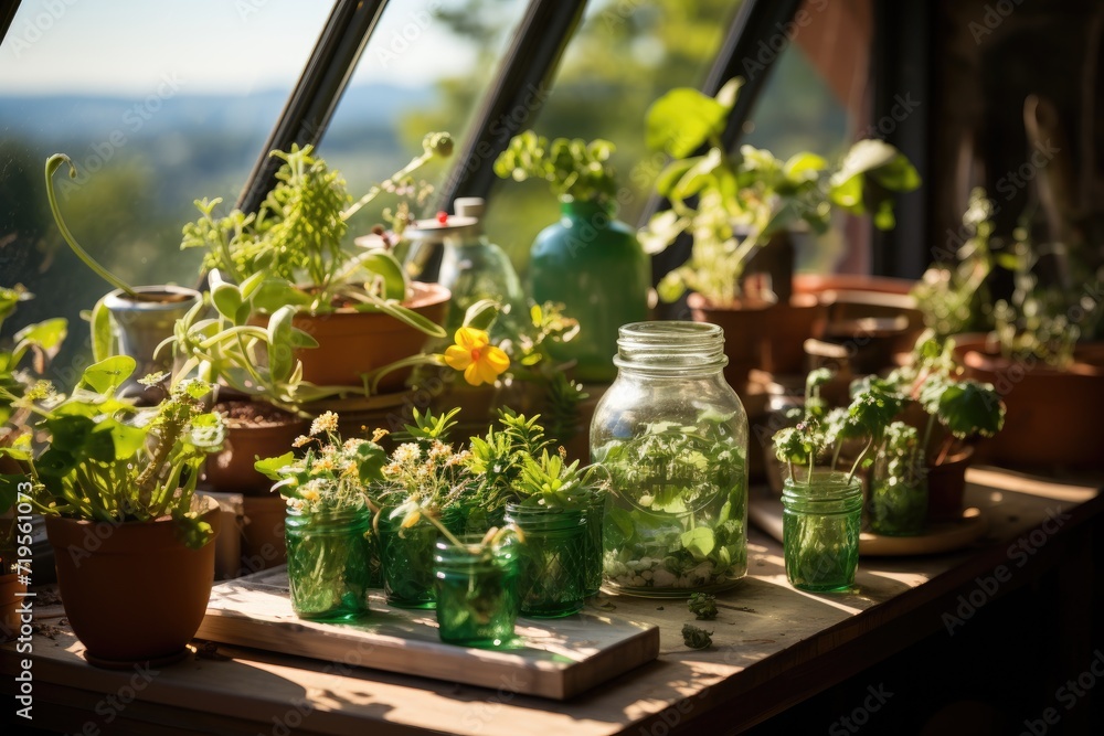Balcony with planting bench, greenhouse and lush vegetation., generative IA Balcony with planting bench, greenhouse and lush vegetation., generative IA
