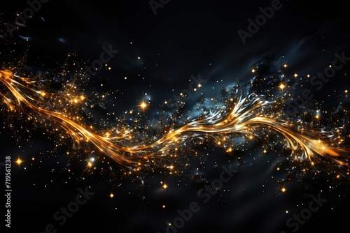 Isolated white background with Gold glittering stars dust trail sparkling particles on black background. Space comet tail. elegant design