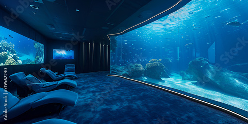 Travel trip to Aquarium-themed hotels providing immersive underwater experiences.blue beautiful aquarium with multi color fish coral reefs, a vibrant view for your friends to show 
