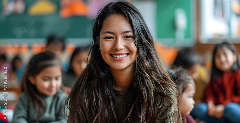 Latina teacher in a classroom surrounded by children on a class day, Teacher's Day Latina teacher in a classroom surrounded by children on a class day, Teacher's Day