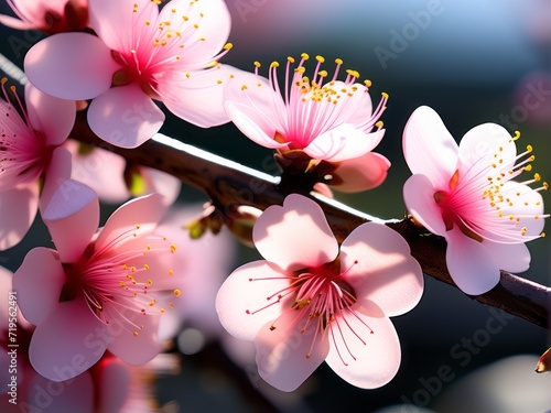 Blooming peach flowers on tree branch close up photography photo