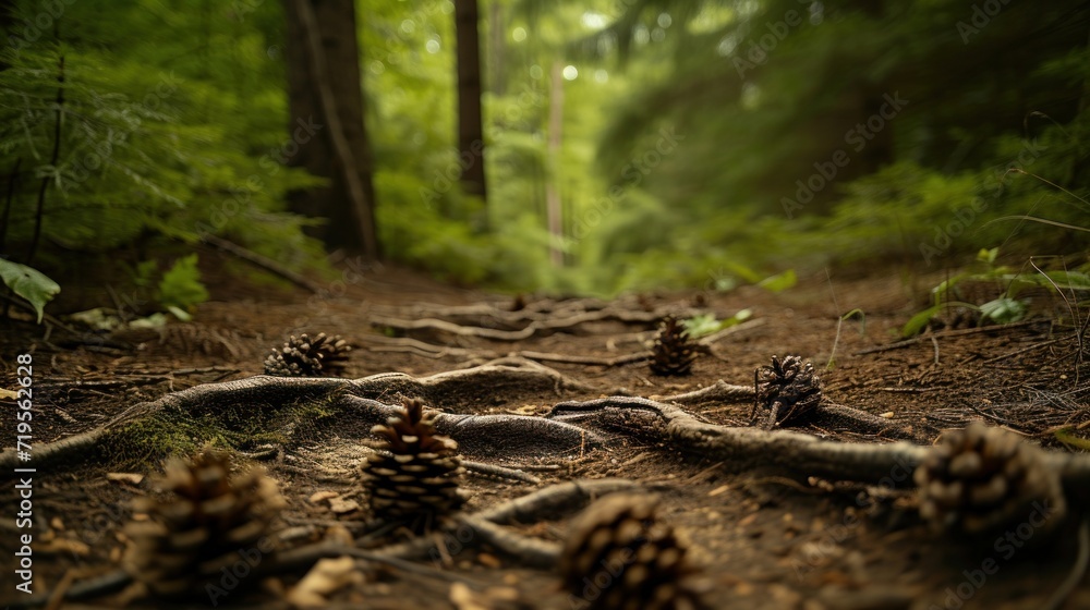 Obraz premium Forest path close-up with cones and roots