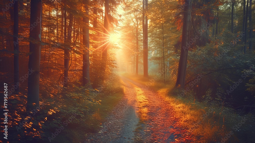  forest path bathed in the warm glow of sunset