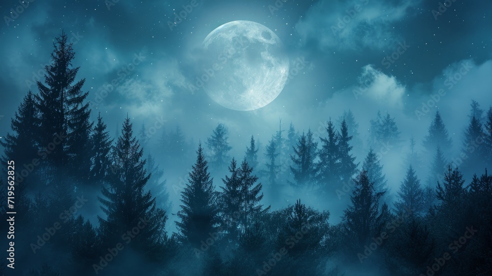 Full moon over the spruce trees of magic mystery night forest