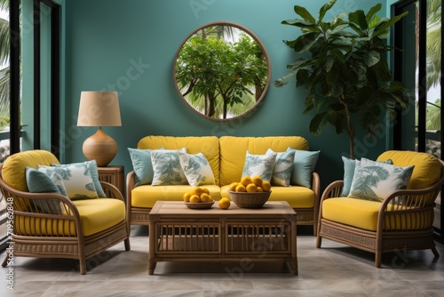 Vibrant tropical room with wicker furniture and lush foliage., generative IA