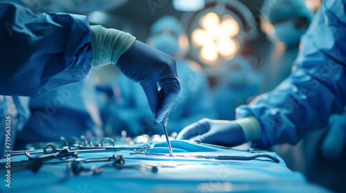 surgical scene with a focus on a surgeon's gloved hands selecting a surgical instrument from a sterile table photo
