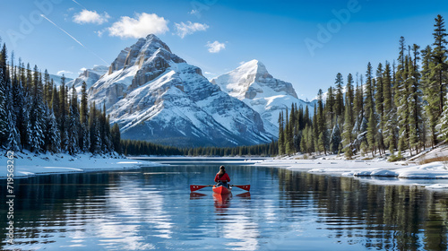 A person paddling a canoe on a lake surrounded by snow-covered pine trees and mountains. photo