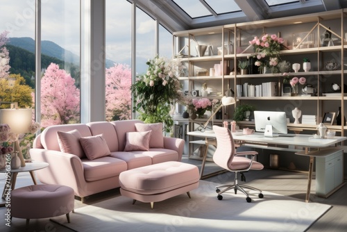 Elegant female office in pastel tones with touches of glamor., generative IA