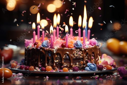 Cheerful birthday celebration with delicious Chocolate Cake Generative  generative IA