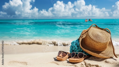 Straw hat, bag, sun glasses and flip flops on a tropical beac photo