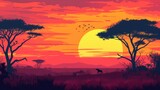 Sunset in Africa, savanna landscape vector illustration