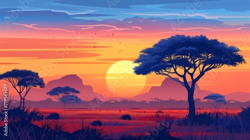 Sunset in Africa, savanna landscape vector illustration