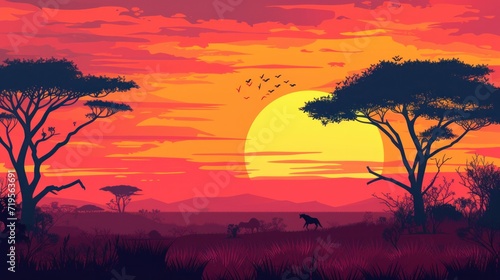 Sunset in Africa, savanna landscape vector illustration