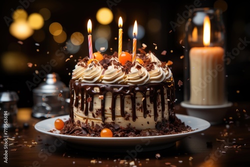 Chocolate Birthday Cake with lit candles and generative decorations there, generative IA © Gabriel