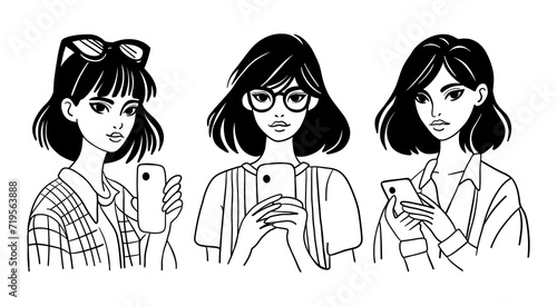 Stylish ladies with phones. Cartoon fashion girls taking selfie on smartphone, outline modern women using phone for communication. Vector set