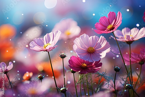 Beautiful cosmos meadow flowers field with sky background, Colorful wild flower or summer nature spring flower art © pixeness