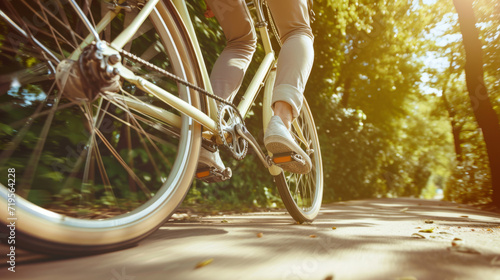 close-up of a person riding a bicycle on a sunlit path through a lush green forest