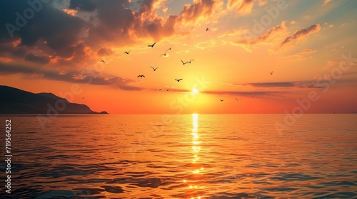 Sunset over the water with birds flying against sunlight