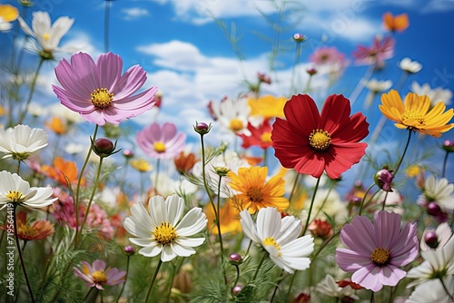 Beautiful cosmos meadow flowers field with sky background, Colorful wild flower or summer nature spring flower art © pixeness