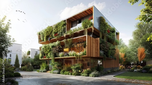 Modern eco-style urban house with vertical garden. Panoramic windows, modern finishing materials, landscape design. Contemporary architecture concept for private residential houses.