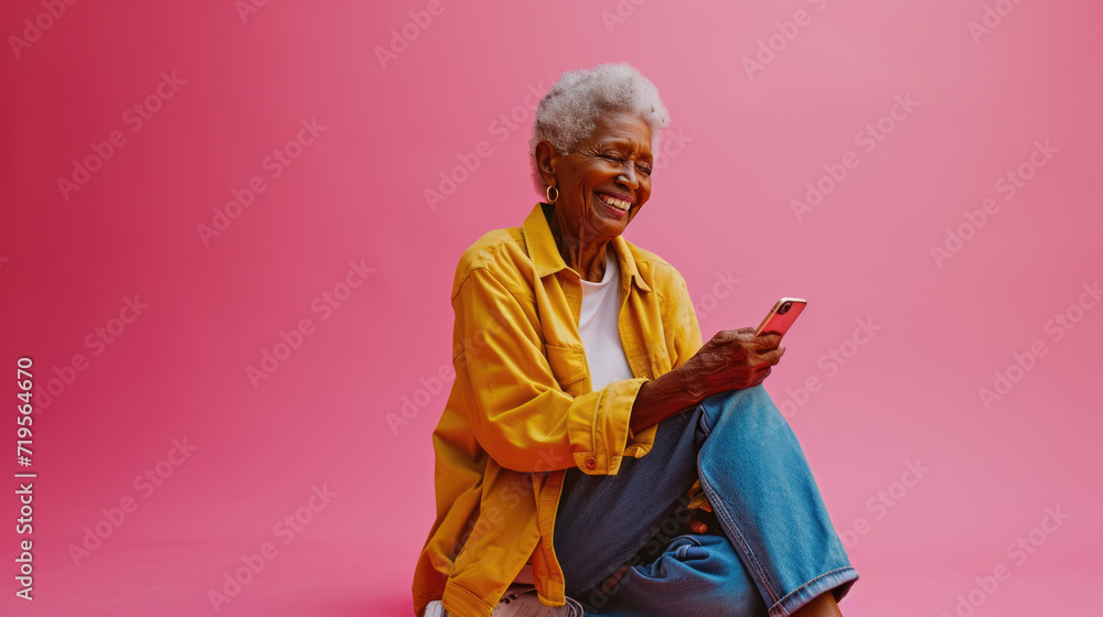 Joyful elderly woman with white hair smiling while using a smartphone, set against a vibrant pink background. Joyful elderly woman with white hair smiling while using a smartphone, set against a vibrant pink background.