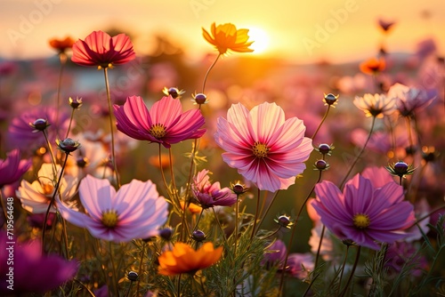 Beautiful cosmos meadow flowers field with sky background, Colorful wild flower or summer nature spring flower art © pixeness
