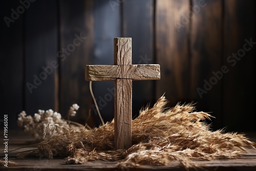 isolated christian wooden black cross, black backgroung, glowing, good friday celebration